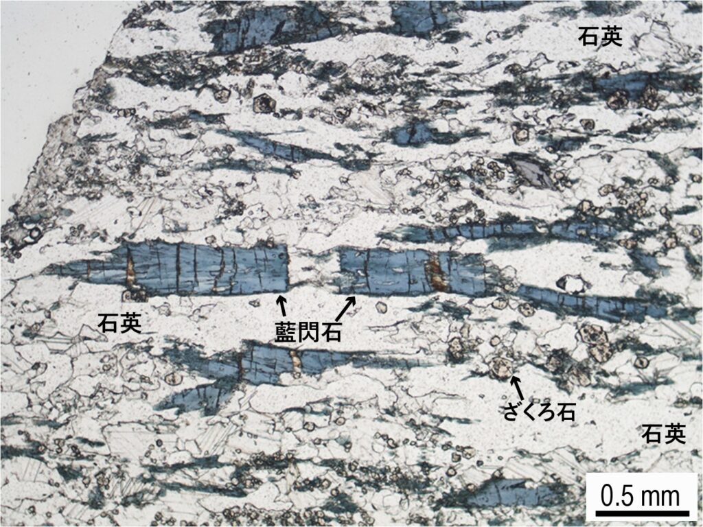 elongated glaucophane crystals