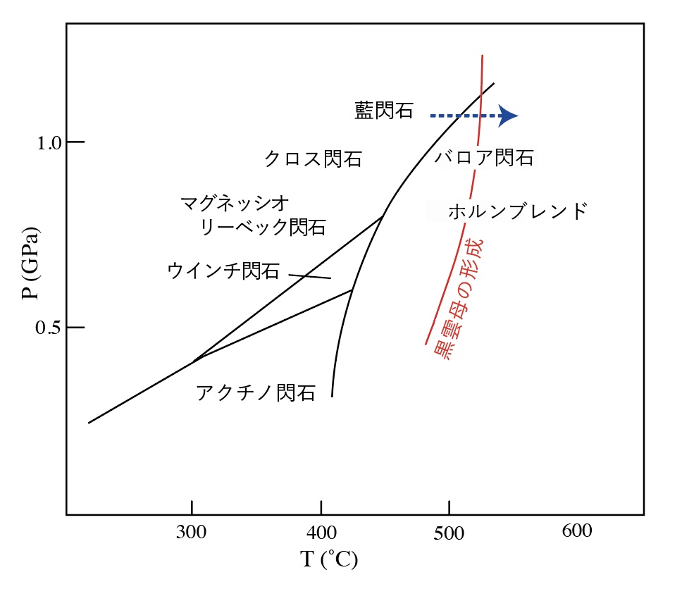 Hypothetical P-T diagram showing the relation of amphiboles and change of phases during metamorphism.