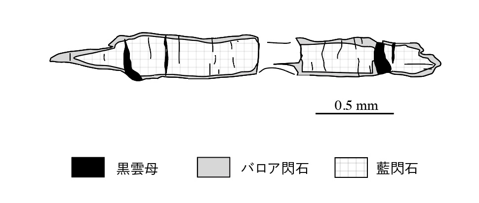 A sketch of elongated and fractured glaucophane crystal